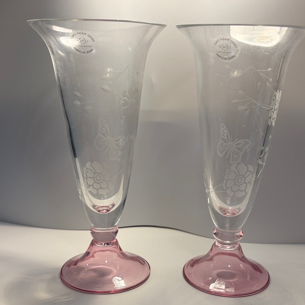 Pair of Lenox etched glass vases from the Butterfly Meadow Collection. New